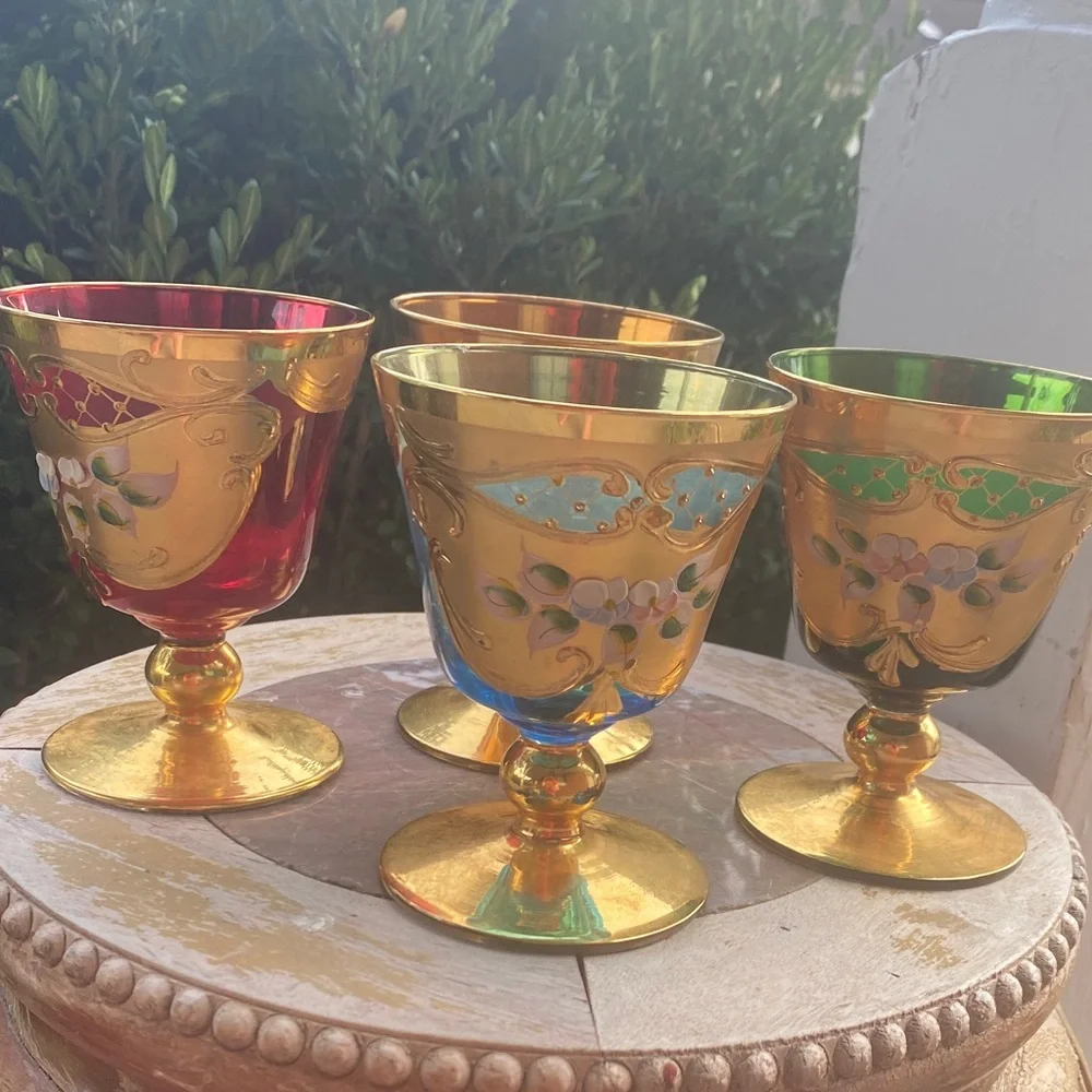 Vintage 4 Bohemian Moser Style Green Glass Heavy Gold Painted Flowers handmade5”